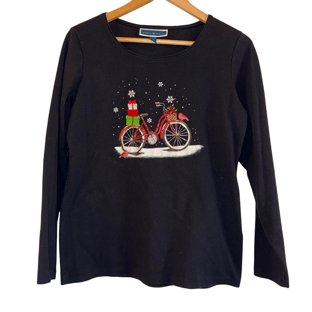 Karen Scott Black Long Sleeve Christmas Bicycle Gift Rhinestone Sparkle Top M